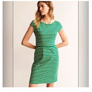 Boden Green and White Striped Cap-Sleeve Sheath Dress